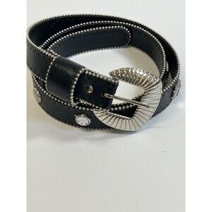 BLACK LEATHER SILVER BUCKLE STUDDED RHINESTONE WESTERN BELT BLING Sz Med 36 INCH